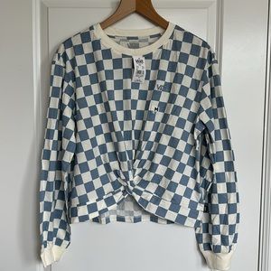 Van's Off The Wall Long Sleeve Top sz Medium Women Knotty Printed Checkered Blue